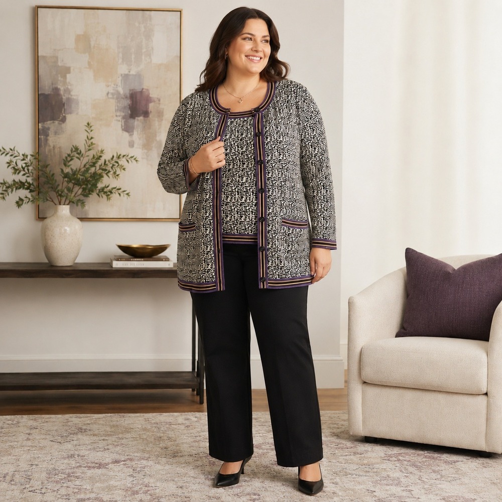Doncaster Collection Cardigan Shell Sweater Twin Set Black Cream Women's Size 3W